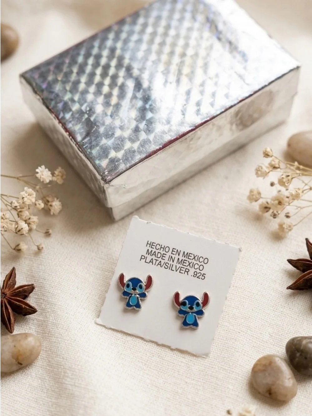 Kids Silver Stitch Character Stud Earrings - Blue